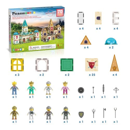 PicassoTiles 70pc Middle Age Medieval and Castle Theme Tile 2in1 8 Character Action Figures Magnet Tiles Building Block Pretend Magnetic Play Fine Motor Skill STEM Educational Construction Age3+ PTQ01 - color: Medieval and Castle