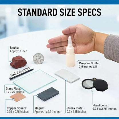 Mineral ID Kit Rock Mineral Identification Kit - Includes Streak Plates, Glass Plate, Magnet, Dropper Bottle, Nail, Hand Lens, Cooper Sheet, Rock & Mineral Geology Kit