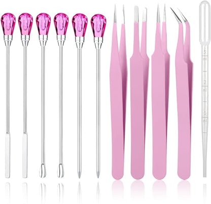11 Pcs Silicone Resin Mold Tools Set Stirring Needle Spoon Tool Tweezers Precision Kit, Anti-Static Electronics Tweezers Set for Resin Art Crafts,Jewelry Making,DIY Epoxy Casting Molds-Rose Red & Pink - color: Pink