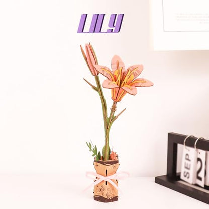 3D Flower Wooden Puzzles Kit, DIY Wooden Flowers Model Kit for Adults, Kids, Valentine's Day/Mother's Day/Birthday/Christmas Toy Gift Set (Pink Lily) - color: Pink Lily