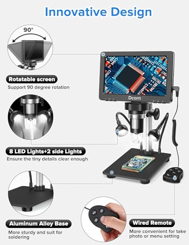 7'' Digital Microscope 1200X, 12MP 1080P Photo/Video Microscope for Adults Soldering Coins,Metal Stand,Wired Remote,10 LED Fill Lights,PC View,Windows/Mac - Black - color: Black