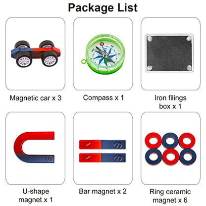 Science Magnet Kit for Kids Include Bar/Ring/Horseshoe/Compass/Magnetic Car