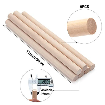 3/4 x 12 Wooden Dowels Wooden Sticks for Crafts, 6 PCS Macrame Wood Dowel Rods, Unfinished Hard Wood Sticks for Crafting, Arts and DIYers, Tiered Cake Support and Wedding Ribbon Wands - size: 3/4"×12"-6PCS