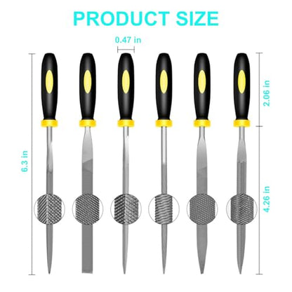 warmtree 6 Piece Metal Needle File Set - 4-inch,Carbon Steel Files for Metal, Wood & Jewelry | Includes Flat, Warding, Square, Triangular, Round, and Half-Round Files - size: 4 Inch