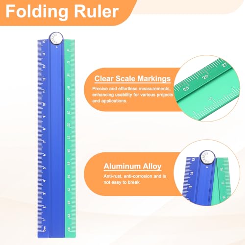 HARFINGTON Folding and Straight Ruler Kit 30/15cm Metric Aluminum Alloy Plastic Protractor Foldable Angle Ruler for Home Classroom Office, Blue-Green - color: Blue-Green
