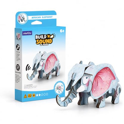 MierEdu Build 'N' Sound 3D Puzzle for Kids, Animal Puzzle with Sound Module, Educational STEM Craft Kit, FSC Paper Model Building Toy Gift for Ages 6+ - color: African Elephant