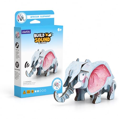 MierEdu Build 'N' Sound 3D Puzzle for Kids, Animal Puzzle with Sound Module, Educational STEM Craft Kit, FSC Paper Model Building Toy Gift for Ages 6+ - color: African Elephant