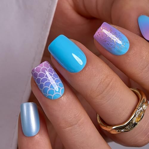 CurvLife Short Square Mermaid Press On Nails, Ocean Wave Blue, Soft Gel - color: sea ocean