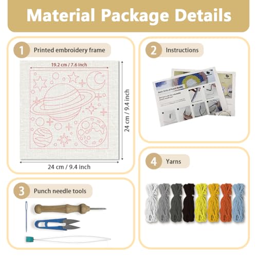 Doodlream Universe Planet DIY Punch Needle Embroidery Kit for Adult Beginner, 9.4" Planet Star Punch Stitching Craft Set for Starter with Frame,Fabric Pattern,Threader, Yarn, Pinch Needle - color: Universe Planet