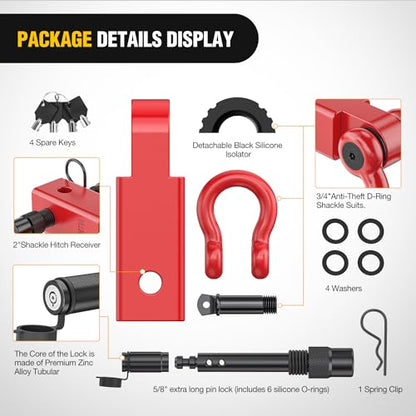 Nilight 3/4" Anti-Theft D Ring Shackle Hitch Receiver 2" Solid Towing Kit | 45000 LBs Breaking Strength 5/8" Trailer Hitch Lock Pin Heavy Duty Solid Towing Kit for Trucks Off Road Red - color: Hitch w/ Lock Pin Red