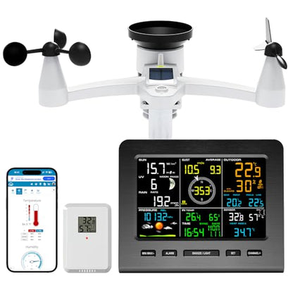 Urageuxy WiFi Weather Station - 7-in-1 Wireless Smart Home Weather Stations with Rain Gauge and Wind Speed/Direction,Temperature, Humidity, Weather Forecast, UV/Light, Moon Phase and Alarm - color: Black