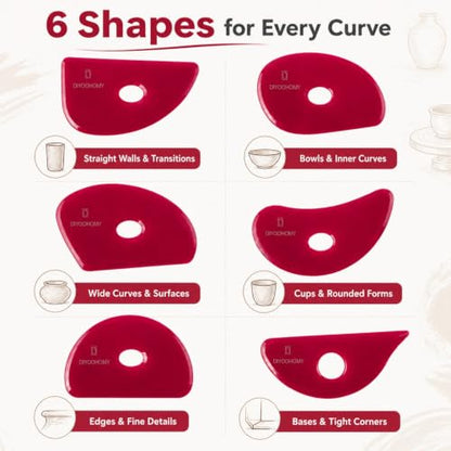 Diyoohomy 6pcs Soft Silicone Pottery Ribs for Ceramic, Mud and Clay Tools - color: red-6