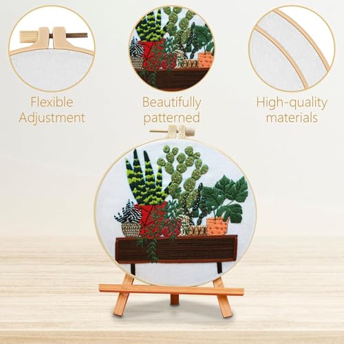 SCECALA 3 Pack Plant Embroidery Kit for Beginners - Green Plant Potted with Embroidery Pattern, Hoop, Complete Cross Stitch Supplies (Needle/Threads/Scissors) DIY Craft for Adults Sewing Hobby - color: Green