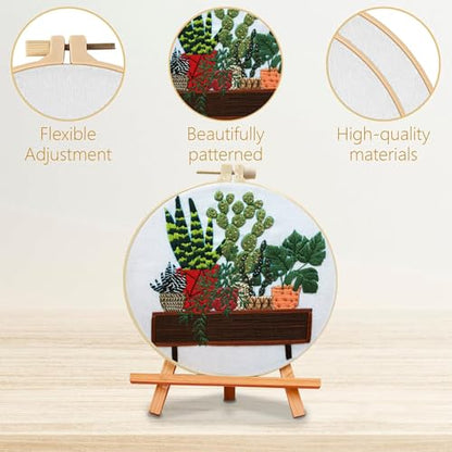 SCECALA 3 Pack Plant Embroidery Kit for Beginners - Green Plant Potted with Embroidery Pattern, Hoop, Complete Cross Stitch Supplies (Needle/Threads/Scissors) DIY Craft for Adults Sewing Hobby - color: Green