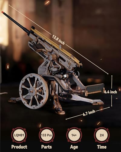 ROKR Anti-Aircraft Gun Mechanical Model Gun Kit, 3D Wooden Puzzles for Adults, DIY Rubber Band Guns Toy, DIY Building Model Kits