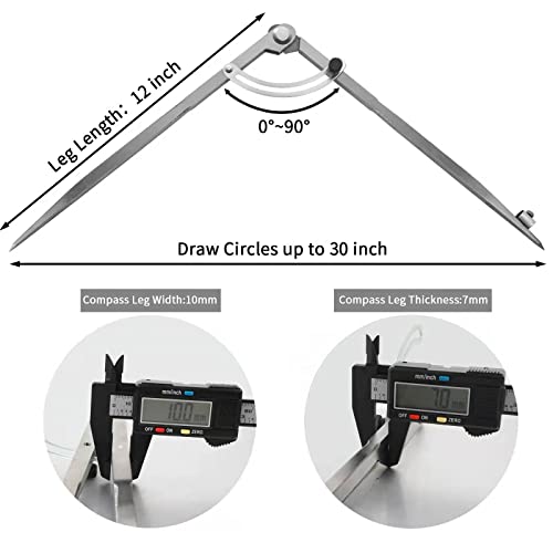 12 inch Compass for Geometry, Compass for Woodworking, Precision Woodworking Compass with Wing Divider and Pencil Holder, Large Compass for Geometry, Woodworking Compass, Drafting, Drawing Compass - size: 12in