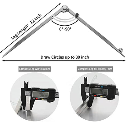 12 inch Compass for Geometry, Compass for Woodworking, Precision Woodworking Compass with Wing Divider and Pencil Holder, Large Compass for Geometry, Woodworking Compass, Drafting, Drawing Compass - size: 12in