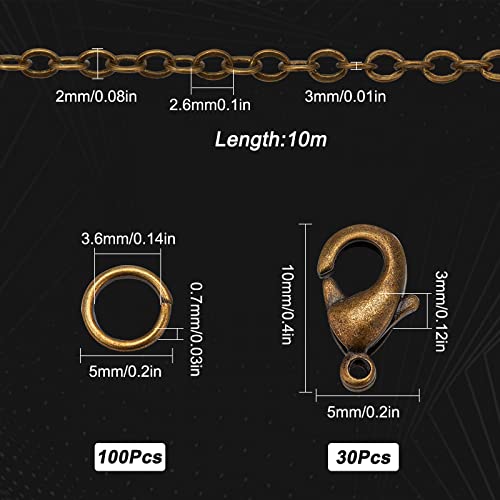 SUNNYCLUE 32.8Feet/10m Antique Bronze Chain Bulk Brass Curb Link 2.6x2x0.3mm Links Cable Chains for Jewelry Making Findings 100Pcs Iron Jump Rings 30Pcs Brass Lobster Clasps Necklace Bracelet Supplies - color: 2.6x2x0.3mm Links Cable Chains