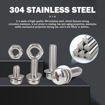 920Pcs Machine Screws Nuts and Bolts Assortment Kit,M3×（6mm，10mm，16mm，20mm） Phillips Pan Head Assorted 304 Stainless Steel Bolts, Nuts, Flat washers, and Spring washers - size: 3 mm, style: Round head machine screw
