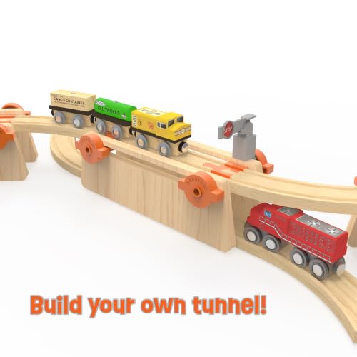 Wooden Train Track Accessories Build & Play Construction Set 90 PCS Ultimate Elevated Railway STEM Toys Track Expansion Pack Ascending Tracks Risers Bridges Tunnel Stop Go Gate Compatible Thomas Brio