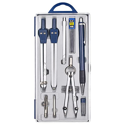 Unjoo 9Pcs Precision Geometry Set Metal Compass,Geometry Tool Set (Blue)