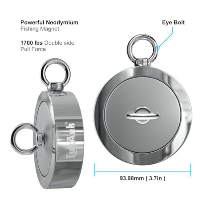 Ultimate Magnet Fishing Adventure Kit - Complete Set with Double-Sided Neodymium Magnet, 66ft Rope, Protective Gloves, Safety Gear & Carrying Case. Choose 1700, 2600, or 4200 lbs Strength - style: 1700Lbs Fishing Magnet Kit
