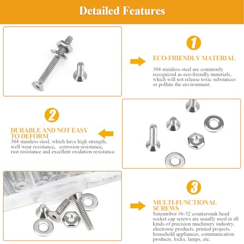 254 Pieces #6-32 x 1/4", 5/16", 3/8", 1/2", 5/8", 3/4", 1", 1-1/4", Countersunk Head Socket Cap Screws Nuts Washers Assortment Kit - size: #6-32, style: Countersunk Head Socket Cap