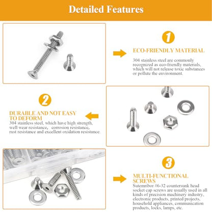 254 Pieces #6-32 x 1/4", 5/16", 3/8", 1/2", 5/8", 3/4", 1", 1-1/4", Countersunk Head Socket Cap Screws Nuts Washers Assortment Kit - size: #6-32, style: Countersunk Head Socket Cap