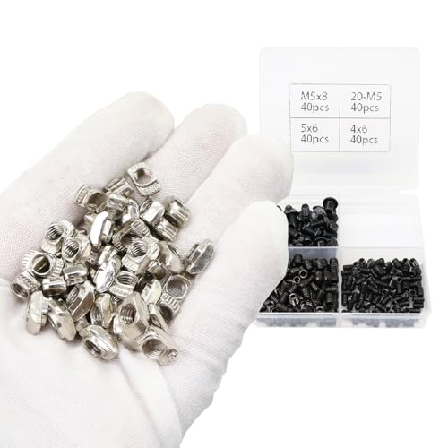 160Pcs 2020 Aluminum Extrusion M5 T Slot Nuts and Bolts Screws 20 Series Extruded Hardware Drop in T Nut and Set Screw for 20/20 80 20 2040 T V Slot Black Aluminum Profile Accessories - style: 20 Series Type D