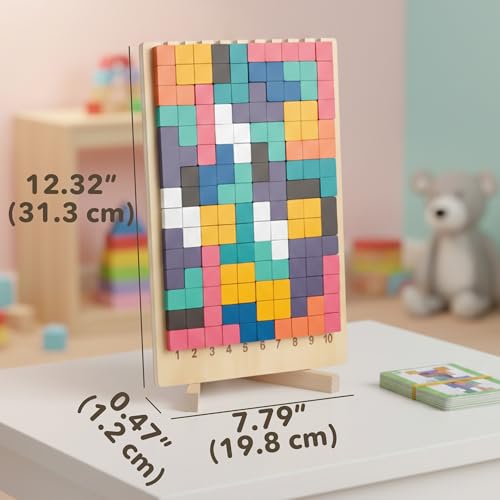 Cateam Wooden Montessori Brain Blocks Russian Blocks Style Puzzle - 3D Geometric Stacking Game with 10 Challenge Cards - Educational STEM Toy for Toddlers & Kids Ages 3-5 - Tangram Logic Gift