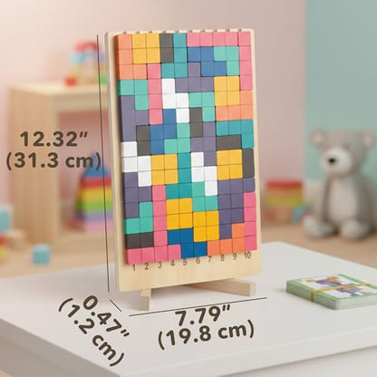 Cateam Wooden Montessori Brain Blocks Russian Blocks Style Puzzle - 3D Geometric Stacking Game with 10 Challenge Cards - Educational STEM Toy for Toddlers & Kids Ages 3-5 - Tangram Logic Gift