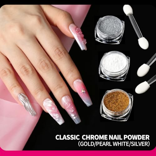FANDAMEI Nail Art Kit, 3D Sculpting Gel for Nail Art with 6 PCS Nail Art Brushes, Gold Silver White Nail Chrome Powder&3D Nail Charms for Bedazzling, nail supplies Kit for 3D Nail Art Nail Designs