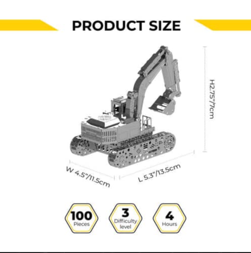 METAL-TIME TIRELESS Digger Excavator, Excavator Model, Metal Hydraulic Excavator Model, 3D Puzzle Building Crafts, Collectible Figurine, Stainless Steel DIY Construction with Toolbox, 100 Pieces.