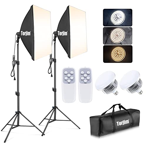 Torjim Softbox Photography Lighting Kit, 2Pcs 27" x 27" Professional Soft Box | 3000K-7500K 85W LED Bulbs with Remote, Photography Continuous Lighting Kit for Studio Lights, Portrait, Video Recording - size: 27"+ 2Pcs