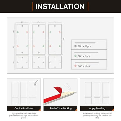 Pre-Cut Peel and Stick Wall Molding Kit Wainscoting Trim- Self Adhesive Premade Accent Panel Chair Rail for Interior Moulding Home Decor Accent Wall Set of 6 pcs - 3 Top 3 Bottom, Ready to Assemble - size: (54×24+24×24),Set of 3
