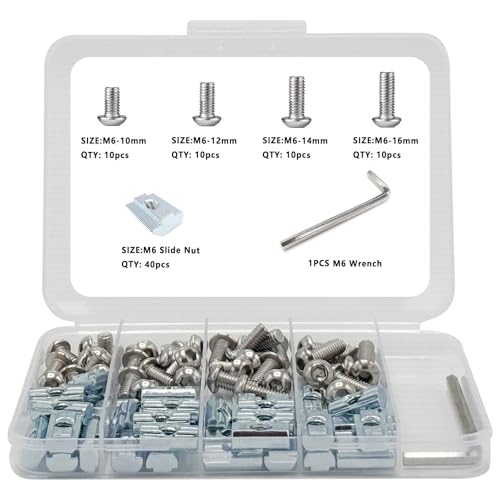 80 pcs M6 T Nut Screws Kit for 1010 1020 Aluminum Extrusion, 40 pcs Silver M6x10/12/14/16mm Hexagon Socket Screws and 40 pcs M5 Sliding T-Nuts with 1 pcs M6 Hex Wrench - style: 80pcs 10 Series Screws Kit Silver