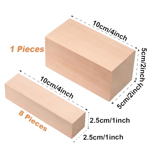 Basswood Carving Blocks, Wood Blocks Kit with 2 Different Sizes - size: 8Pcs 1”x1”x5” + 1Pcs 2”x2”x5”
