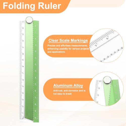 HARFINGTON Folding and Straight Ruler Kit 30/15cm Metric Aluminum Alloy Plastic Protractor Foldable Angle Ruler for Home Classroom Office, Green - color: Clear-Green