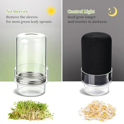 Sprouting Jar Kit, 2 Wide Mouth Sprouting Jar with Stainless Steel Screen Sprout Lids, Blackout Sleeves, Drain Cover, Sprouts Growing Kit for Broccoli, Mung Beans, Alfalfa & Microgreens