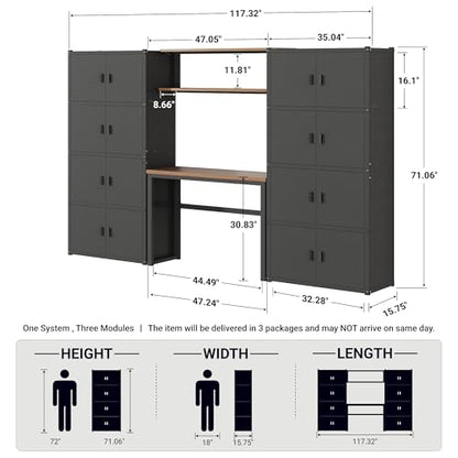 FLEXIMOUNTS 117" L Modular Garage Storage Cabinet with Workbench, Black - color: Black