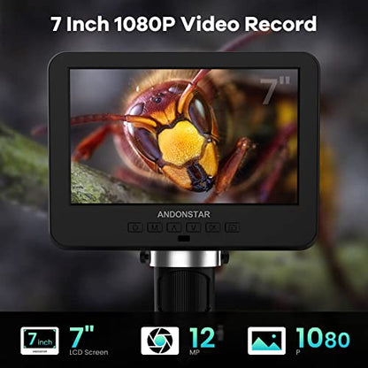 Andonstar AD246-M Digital Microscope for Adults, 3 Lens Soldering Microscope, 1080P FHD Video Record, 7 Inch LCD 500x, Coin Full View, Biological Kit with 32G Card, Prepared Slides