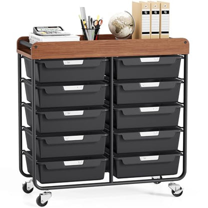 10 Drawers Rolling Cart with Wooden Tabletop, Utility Storage Cart with Wheels, Art Supply Craft Organizer on Wheel with Metal Frame & Handles for Home Office School,Black - color: Black