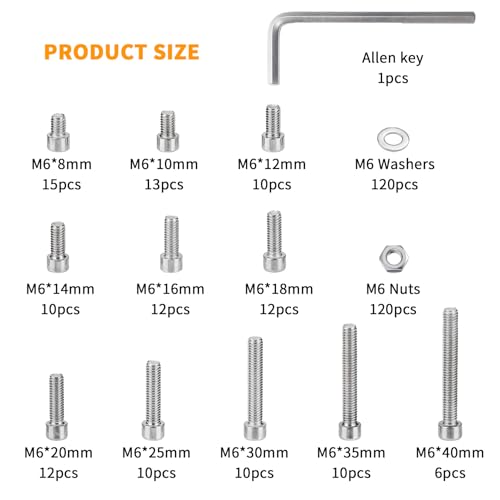 360 Pcs M6 Screws and Nuts, Hex Socket Head Cap Screws Nuts and Bolts Washers Kit, Stainless Steel Bolts and Nuts Kit, Metric Assorted Machine Screws Assortment Kit, Fully Threaded Bolt and - size: M6