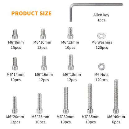 360 Pcs M6 Screws and Nuts, Hex Socket Head Cap Screws Nuts and Bolts Washers Kit, Stainless Steel Bolts and Nuts Kit, Metric Assorted Machine Screws Assortment Kit, Fully Threaded Bolt and - size: M6