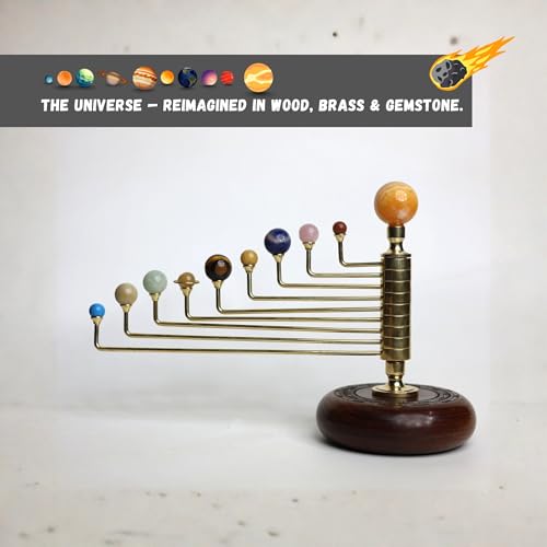 Luxury Handcrafted Solar System Model with Semi-Precious Stones – Sun, Earth & Moon Planet Display on Rosewood Base | Astronomy Art Desk Decor (Rotating Solar System)