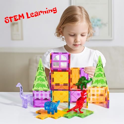 Magnetic Tiles 32 Piece Set, Dinosaur Toys for Kids 3-5, STEM Building Blocks with Trees and Figures, Educational Construction Set for Boys and Girls
