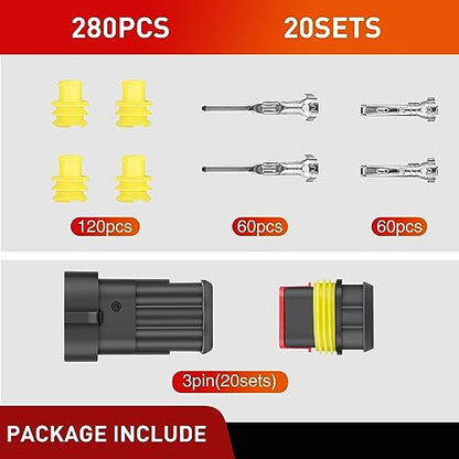 Nilight 280PCS 3 Pin Electrical Connector ‎Plug with Male Female Terminals - size: 3Pin Connector 200Pcs