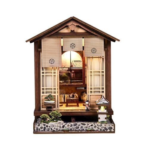 DIY Book Nook Kit, 3D Wooden Puzzle for Adults, Japanese Zen Garden Miniature House Model with LED Light, Creative Shelf Insert Decor & Arts Crafts Gift (Moss Lantern Harmony Garden) - style: Moss Lantern Harmony Garden