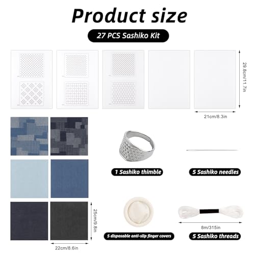 ARPOVIST 27Pcs Sashiko Kit, Sashiko Needles and Thimble, Water Soluble Embroidery Kit, Japanese Embroidery Kit with Sashiko Thread Kit for Beginners Hand Quilting and Mending on Denim Fabric