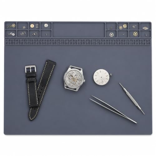 Non-Slip Watch Repair Mat with Parts Organizer - Anti-Static Rubber Work Pad for Jewelers & Watchmakers - Gray Maintenance Platform Table Mat with Screw Compartments (13.8" x 9.8")